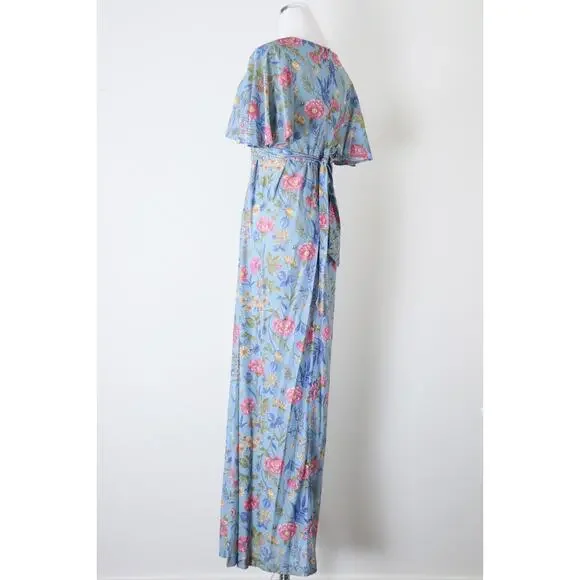 Vintage 1970s Prairie Floral Maxi Dress Flutter Sleeve Empire Waist Tie Blue - Picture 9 of 12